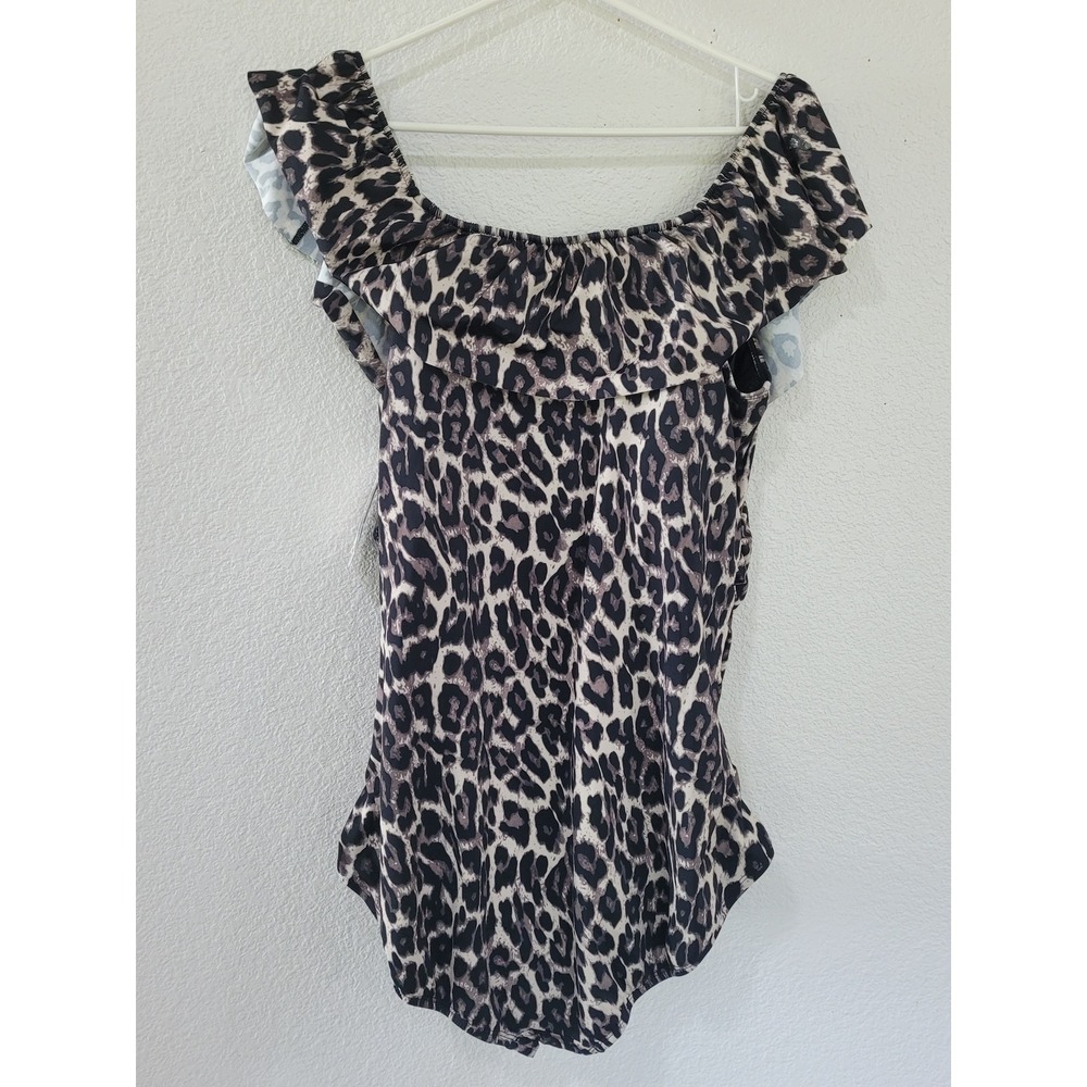 Swim Solutions Off Shoulder Leopard Print Ruffle‎ Swimsuit Black Multi 22W #18 - Picture 2 of 7